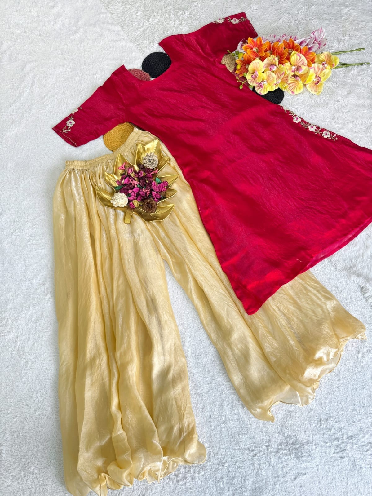 Red Full Stitched Maggam Work Kurti with Cream Palazzo